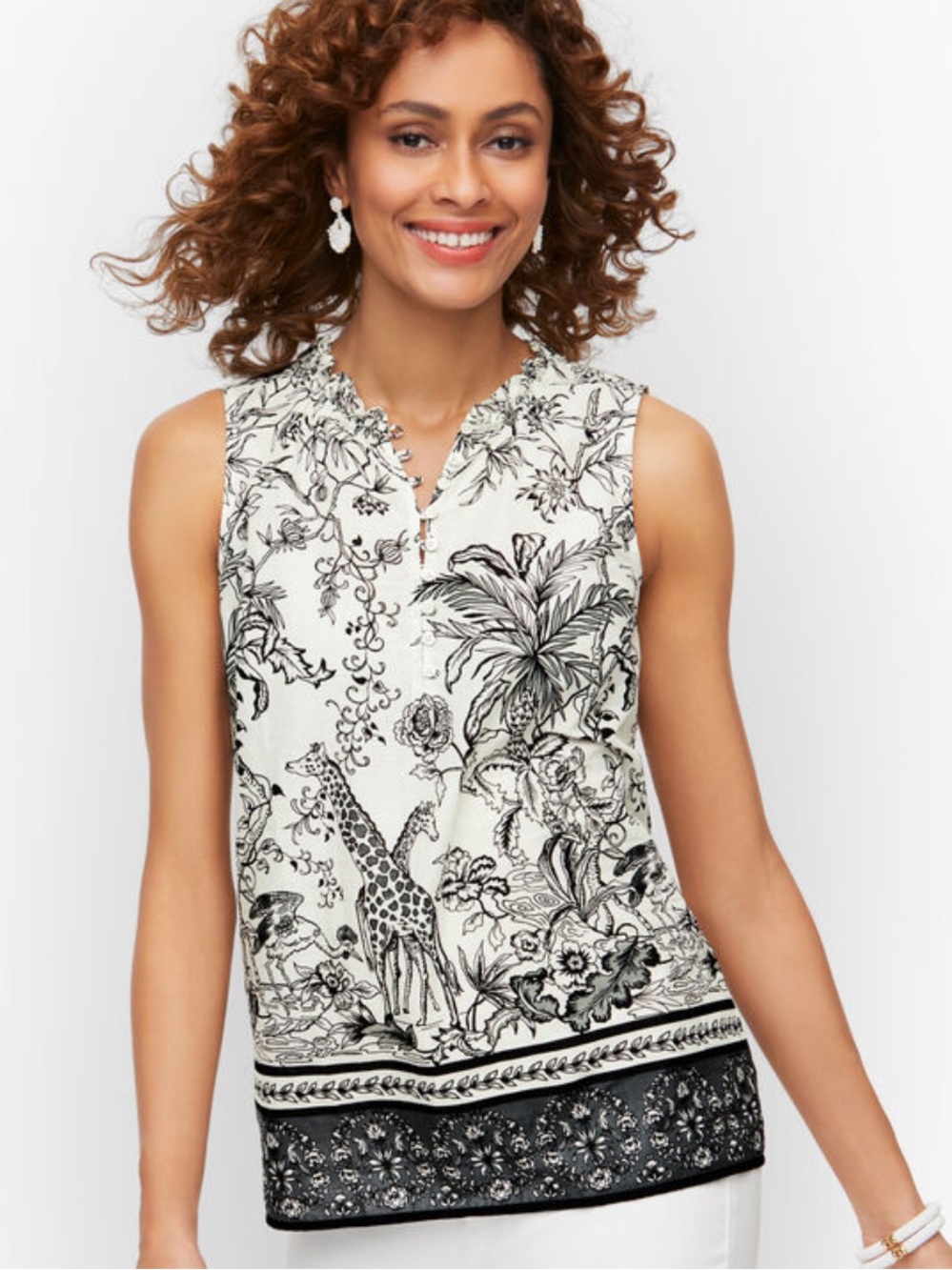 Talbots Ruffle Trim Shell Sz 3X w MEASUREMENTS Jungle Friends Print